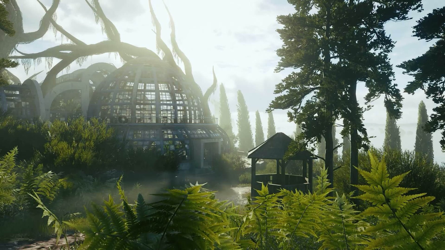 Active Matter operatives approaching an overgrown greenhouse dome raid location