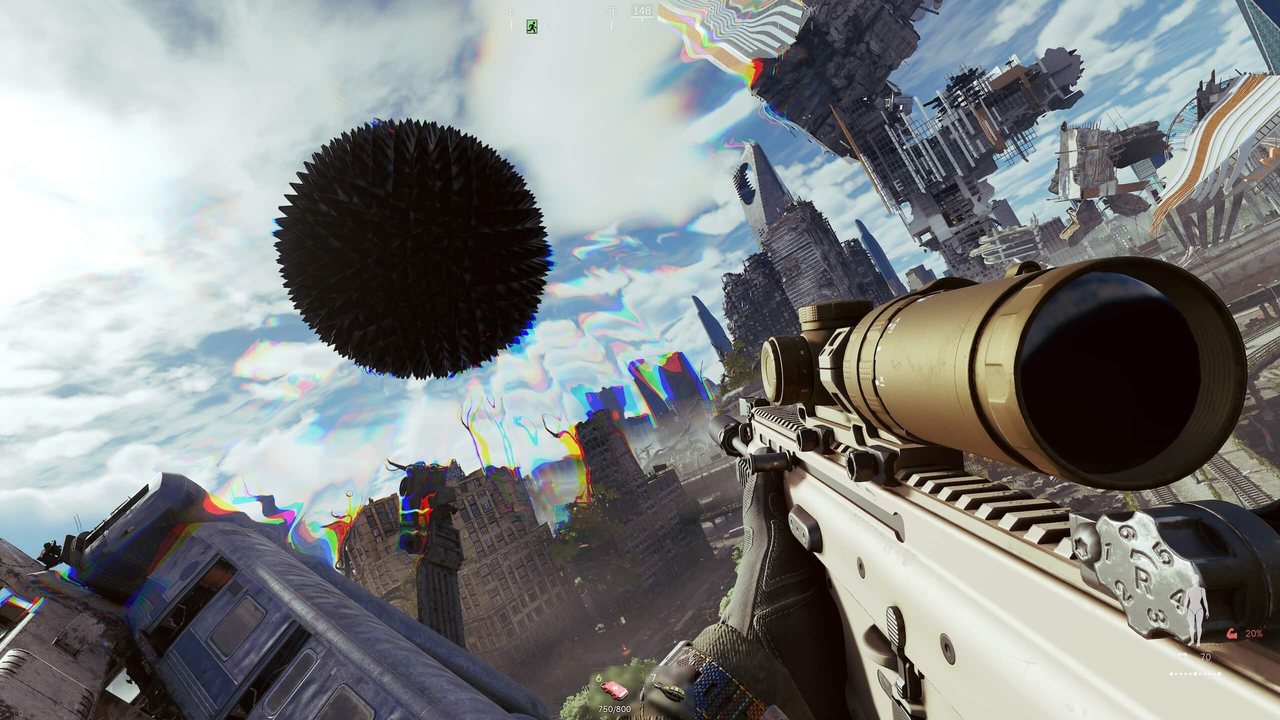 Active Matter operative aiming at a floating anomaly sphere above a ruined city