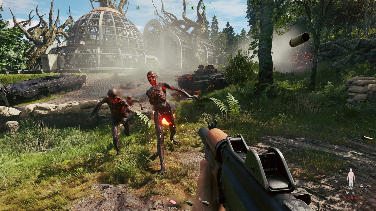 Active Matter operative fighting hostile creatures near a greenhouse