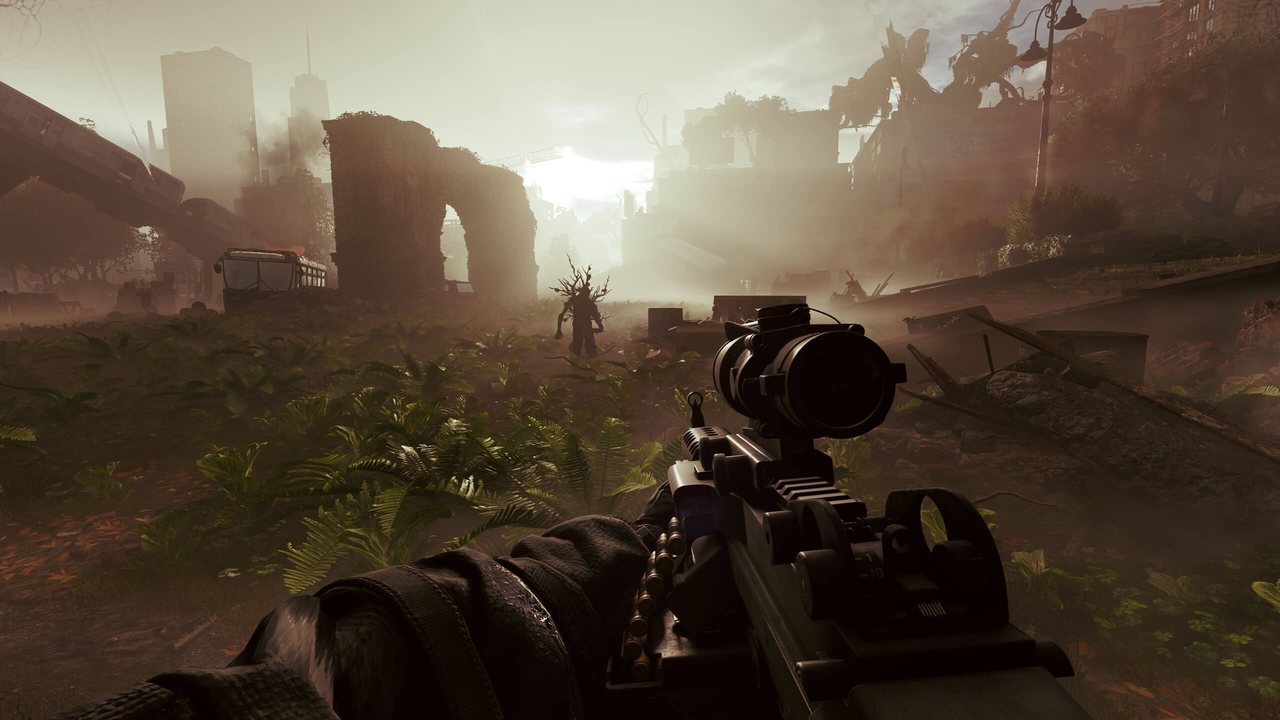 Active Matter operative moving through foggy ruins on a loot route