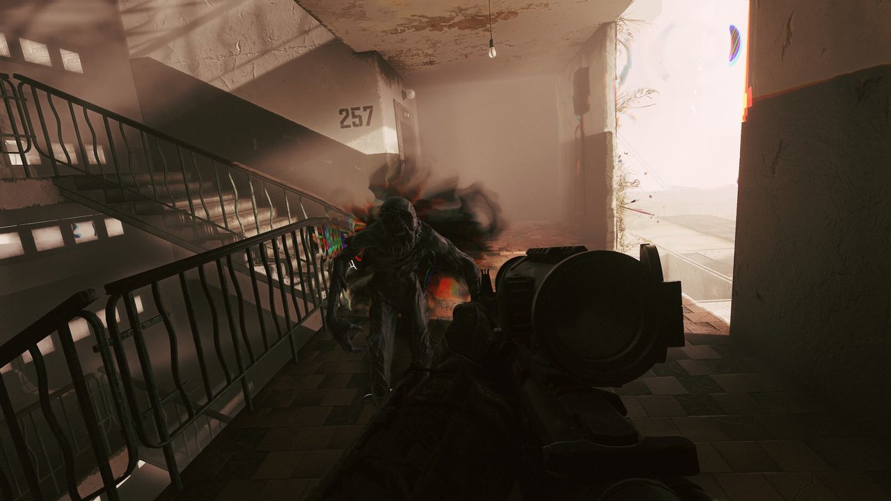 Active Matter operative searching a dim building interior during a raid